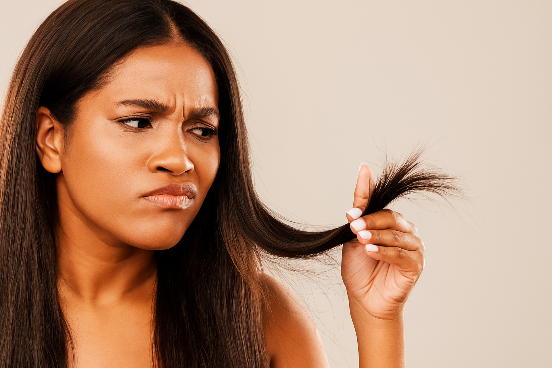 Woman inspecting her split ends