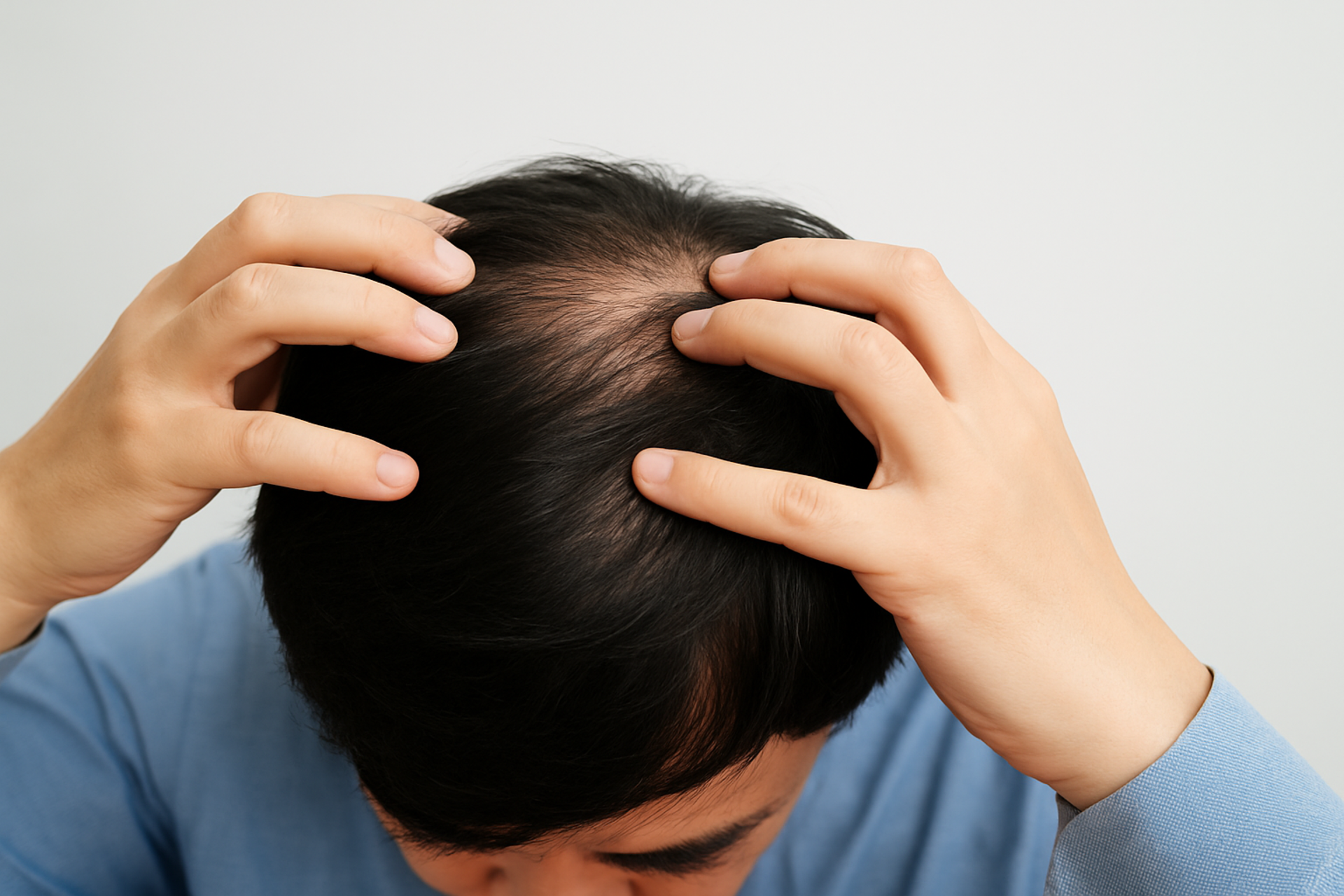 Man holding head where balding and hair loss is occuring