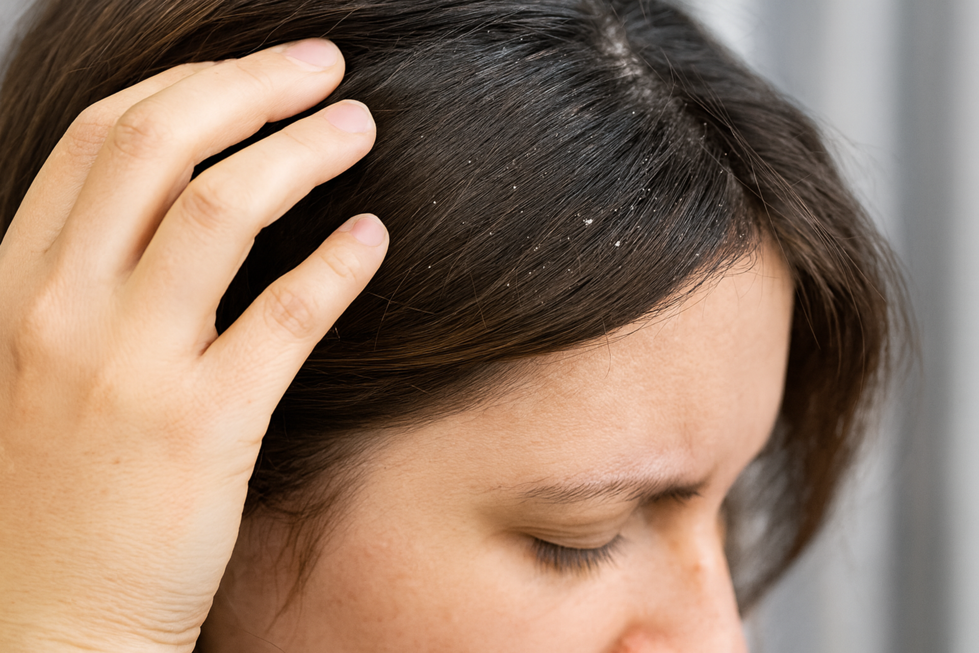 Young woman with dandruff and flakey scalp